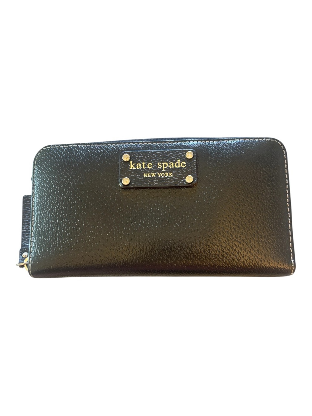 kate spade Black Pebbled Leather Zip Wallet with Gold Logo 4 X 8 inches